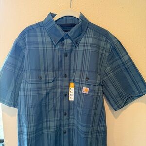 Carhartt Shirt Mens Small Blue Plaid Short Sleeve Button Down Loose Fit Workwear